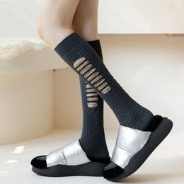 Women Socks 1 Pair Girls Ripped Style Female Broken Destroyed Sock Lolita Japanese JK Knee High Student Stockings D08E