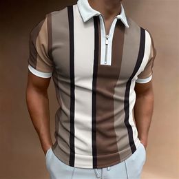 Men's Polos Polo Shirt for Men Summer Men's Tops Daily Short Sleeve Striped Golf Plain Clothing Men Shirts Turndown Collar Zippers Tee 230704