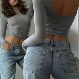 Women s T Shirt Sexy Hollow Out Backless Long Sleeve Tops 2023 Spring Gray Basic Slim Crop Top Women Fashion Skims Tee Y2K Streetwear 230704