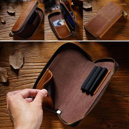 1pc Handmade Cowhide Pencilcase With Pen Holder Organiser Zipper Pencil Case Office School Stationery Adult Student Supplies