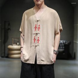 Men's Casual Shirts Retro Cotton Linen V-neck Shirt Japanese Summer Embroidered Harajuku Button Down Short Sleeve T-shirt Kimono Top