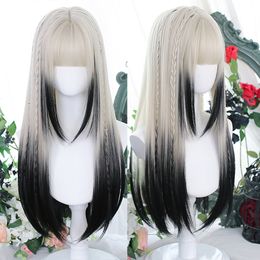 Synthetic Wigs Houyan Synthetic Long Straight Hair Women's Wig Silver Gradient Grey Wig Role Playing Lolita Bangs Wig Party Wig 230704