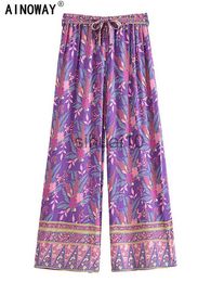Women's Pants Capris Vintage Autumn Women Purple Floral Print Bohemian Wide Leg Pants Lady Gothic Elastic Waist Loose Boho Pants Casual Trousers J230705