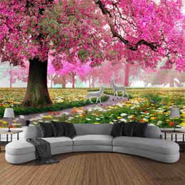 Tapestries Cherry Blossom Landscape Tapestry Pink Flowers Trees Forest Park Garden Wall Hanging Bedroom Room Aesthetics Home Decoration R230705