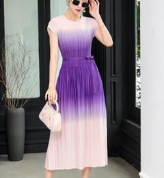 Luxury and fashion New ISSEY pleated round neck patchwork dress