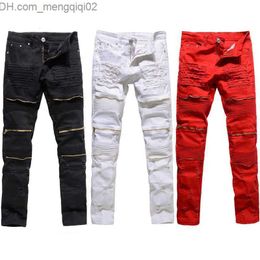 Men's Jeans Trendy Mens Destroyed Ripped Jeans Black White Red Fashion College Boys Skinny Runway Straight Zipper Denim Pants Jean Z230711