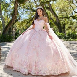 Pink Princess Quinceanera Dress 3D Appliques Beading Sweetheart Handmade Flower With Cape Ball Gowns Vestidos De 15 Anos