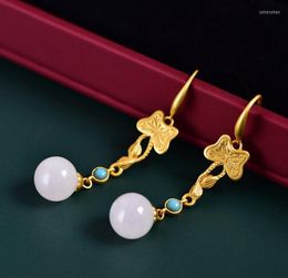 Dangle Earrings Beautiful Real 925 Silver White HeTian Jade Beads Lucky Earring Certificate Girl's Retro Charming Fine Jewellery Cute Gift