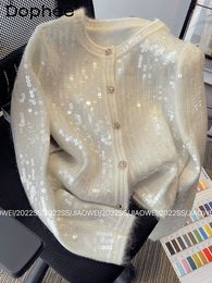 Women s Knits Tees High End White Sequined Knitted Cardigan Coat for Women 2023 Spring and Autumn Elegant Short Socialite Sweater Jacket Top 230705