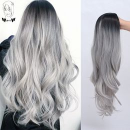 Synthetic WHIMSICAL W combined with long wave Ombre black Grey synthetic female party role-playing heat-resistant hair 230704