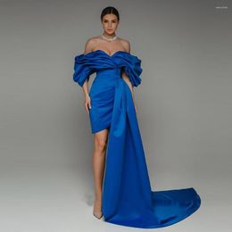 Party Dresses Royal Blue Off Shoulder Prom Pleat Detachable Train Satin Formal Evening Gown Mini Corset Vestido De Fiesta 2023