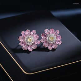 Dangle Earrings South Korea Design Fashion Jewellery Luxury Full Pink Zircon Flower Elegant Women's Wedding Party Accessories