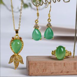 inlaid crystal goldfish chalcedony pendant necklace ring earrings set 3 piece jewelry set