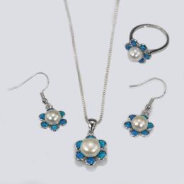 Necklace Earrings Set JL0002 Design Flower Jewellery For Women's Blue Fire Opal And Ring Earring
