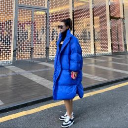Women's Trench Coats 2023 Winter Belt Waist Blue Warm Pure Colour Women Mid-length Coat Cotton Jacket