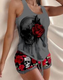 Women's Sleepwear Halloween Skull Rose Print Drawstring Pyjamas Set 2023 Summer Two Piece Sets Female Suit