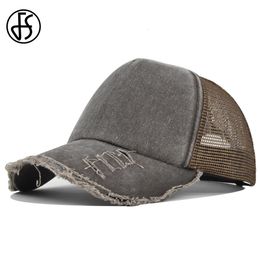 Ball Caps FS Summer Unisex 5 Panel Trucker Hats Fashion Solid Colour Worn Design Mesh Hat For Women Brown Breathbale Men Baseball Cap Bone 230704