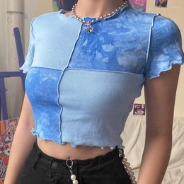 Women's T Shirts Women Tie Dye Cropped Top Ruffle Frill Short Sleeve Tops Patchwork T-Shirts Round Neck Casual Tees Party Summer Clothes