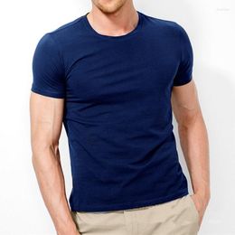 Men's Suits H078 Brand T Shirt Pure Color Lycra Cotton Short Sleeved T-Shirt Male Round Neck Tops Bottoming