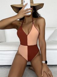 Women's Swimwear One Piece Swimsuit Women 2023 Solid Patchwork V Neck Halter Sexy Bodysuit Monokini Summer Beach Bathing Suit Female