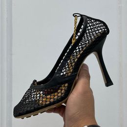 Dress Shoes 2023 Mesh Sexy Series Chain Single Nylon Material Cut Outs Design Summer Women's Sandals Comfortable Breathable Pumps