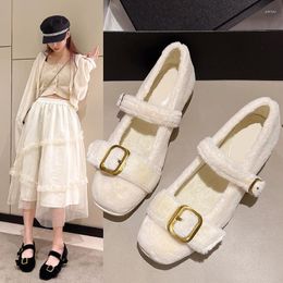 Dress Shoes Woollen Women Pumps Mary Jane Thick Low Heel Plush Single ShoesMetal Button Shallow Talon Femme Casual White Escarpins