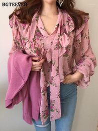 Women's Blouses BGTEEVER Stylish Chic Ladies V-neck Ruffles Chiffon Shirts Vintage Flare Sleeve Loose Women Floral Tops 2023 Spring