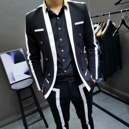 Men's Suits Blazers Tres De Hombre Contrast Stripe Blalck White Suit Male Wedding Groom Spring Disguised Men Slim Stage Outfit Party 230705