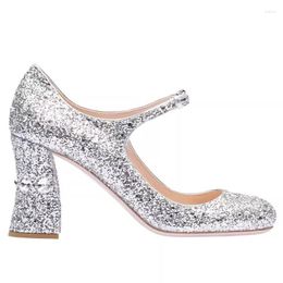 Dress Shoes Sequins Bling Chunky Heels Mary Jane Women Luxury Retro One Button Rhinestone Thick High Pumps Sweet Princess