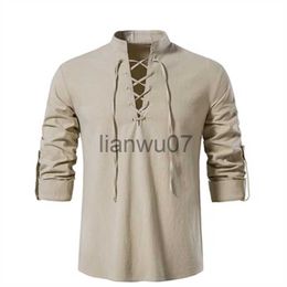 Men's T-Shirts 2023 New Men's Vneck shirt Tshirt Fashion Vintage Thin Long Sleeve Top men Casual Breathable Viking Front Lace Up man Shirts J230705