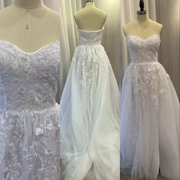 Real Image Sexy A Line Wedding Dresses Sweetheart Lace Appliques Crystal Beads Sleeves Tulle Zipper Back Floor Length Plus Size Formal Bridal Gowns Side Split