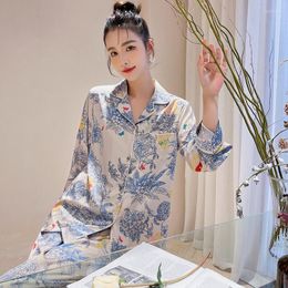 Women's Sleepwear Lisacmvpnel Spring Pyjama Set Ice Silk Long-sleeved Pyjamas Printed Fashion Home Clothes Suit Pyjamas