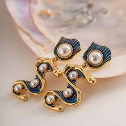 Dangle Earrings Minar Delicate Navy Blue Enamel Twist Water Wave For Women 14K Gold Plated Brass Simulated Pearl Long Earring