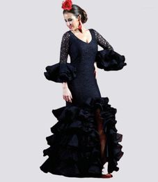 Vestidos de festa sereia preta dança da noite ocasião com trajes de manga longa de flamenca traje gitana graciela encaje vestido de baile