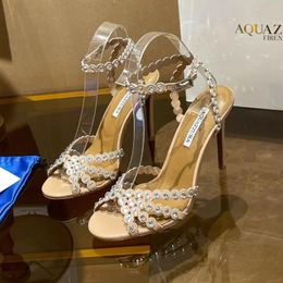 Aquazzura Stiletto Sandalo Tequila 105mm Crystal Tacco abito da sposa Scarpe Diamond Designer Cuci Pvc Pvc Open punta Womens Fashion Evening Shoe Shoe