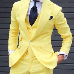 Yellow 3 Pieces Men Suits 2020 Custom Made Latest Coat Pant Designs Fashion Men Suit Wedding Grooms Suit Jacket278q