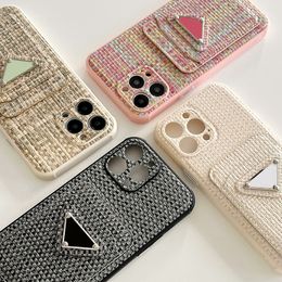 Weave Cell Phone Cases Card Holders Pockets for Apple iPhone 15 13 12 11 Pro Max XR XS Designer Luxury Chromed Individual Button Fine Cutout Back Covers Fundas Assorted