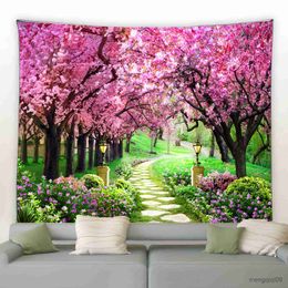 Tapestries Romantic Pink Red Garden Tapestry Spring Forest Flower Tapestry Wall Hanging Living Room Dorm Aesthetics Home Decoration R230705