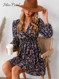 Casual Dresses MISS PETAL Plunge Neck A-Line Mini Dress For Woman Ditsy Floral Sexy Long Sleeve Party Dress 2023 Spring Autumn Female Sundress J230705