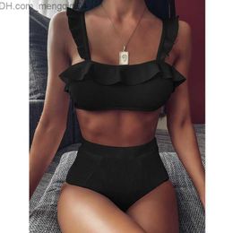 Women's Swimwear Sexy Ruffle High Waist Bikini Swimwear Women Swimsuit Push Up Set Solid Bathing Suit Summer Beach Wear Swimming Z230705