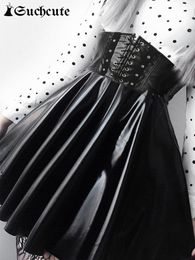 Dresses Suchcute Women's Skirts Gothic Haruku Bandage Faux Leather Korean Fashion Black Mini Pleated Skirts 2022 Summer Party Pu Saias
