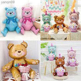 3D Sitting Bear Holding Cake Foil Balloon Baby Birthday Photo Props Cartoon Baby Shower Wedding Birthday Party Gift Balls L230626