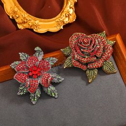 Vintage Luxury Red Rose Flower Crystal Brooches Rhinestone Metal Pins For Women Lady Badges Party Banquet Accessories