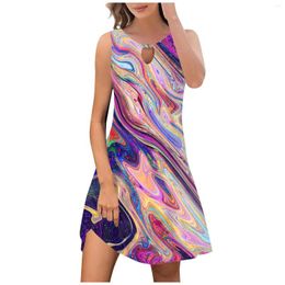 Casual Dresses Fashion Women'S Round Neck Hollow Print Sleeveless Pullover Short Dress Summer In