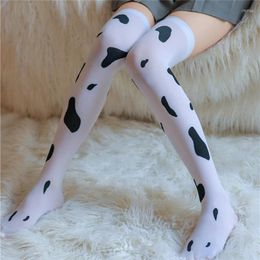 Women Socks JK White Over Knee High Stockings Fashion Cow Print Thigh Elastic Nylon Summer Thin Long Underwear Hosiery