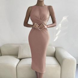 Casual Dresses Sexy Ribbed Bow Bodycon Dress Elegant Solid Colour Split Mid-Calf Round Neck Sleeveless Evening Robe Femmes
