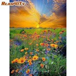 Cross-Stitch Ruopoty Framed Painting by Numbers Kits Hand Made Sunset Flower Field Landscape Picture by Number Drawing on Canvas Diy Gift