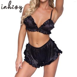 Women's Sleepwear Womens Pajamas Set Comfortable Satin Ruffles Lingerie Underwear 2Pcs Sexy