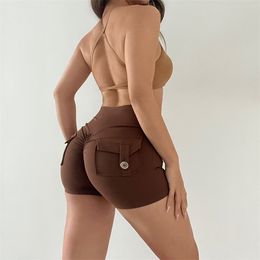 Kadınlar İki Parçalı Pantolon Kadın Takip Şortu Yoga Set Pocket Yüksek Bel Giyim Sütyen Fitness Fitness Egzersiz Tayt Bisiklet Salonu Şort Spor Takım