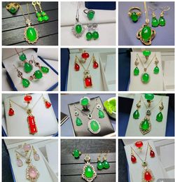 inlaid crystal red Pink green chalcedony Bamboo joint Water droplets pendant necklace ring earrings set 3 piece Jewellery set 12 Styles